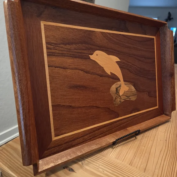 Vintage Marquetry Dolphin Inlay Design Wood Serving Tray - Picture 1 of 4